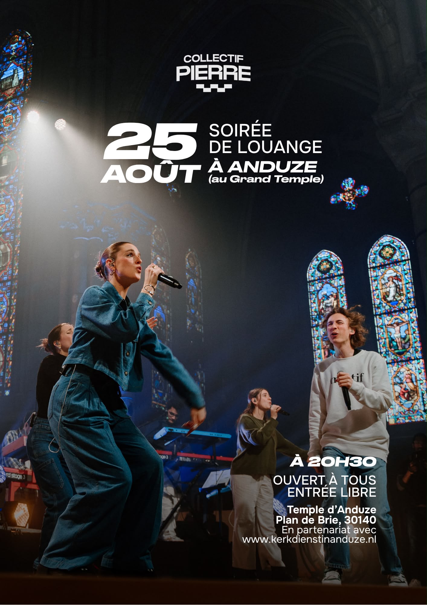 Poster van de soirée de louange met Collectif Pierre op 25 augustus in de Grand Temple d’Anduze